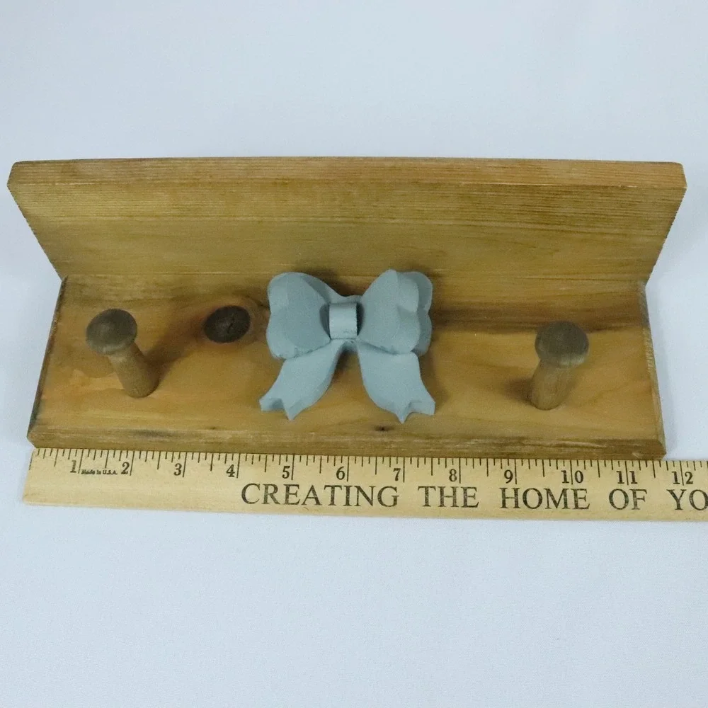Wooden Cottagecore Shelf with Blue Bow 2 Pegs Country Farmhouse Decor